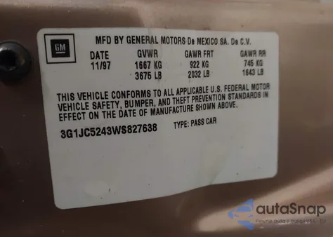 1998 Chevrolet Cavalier from USA, damaged, VIN 3G1JC5243WS827638